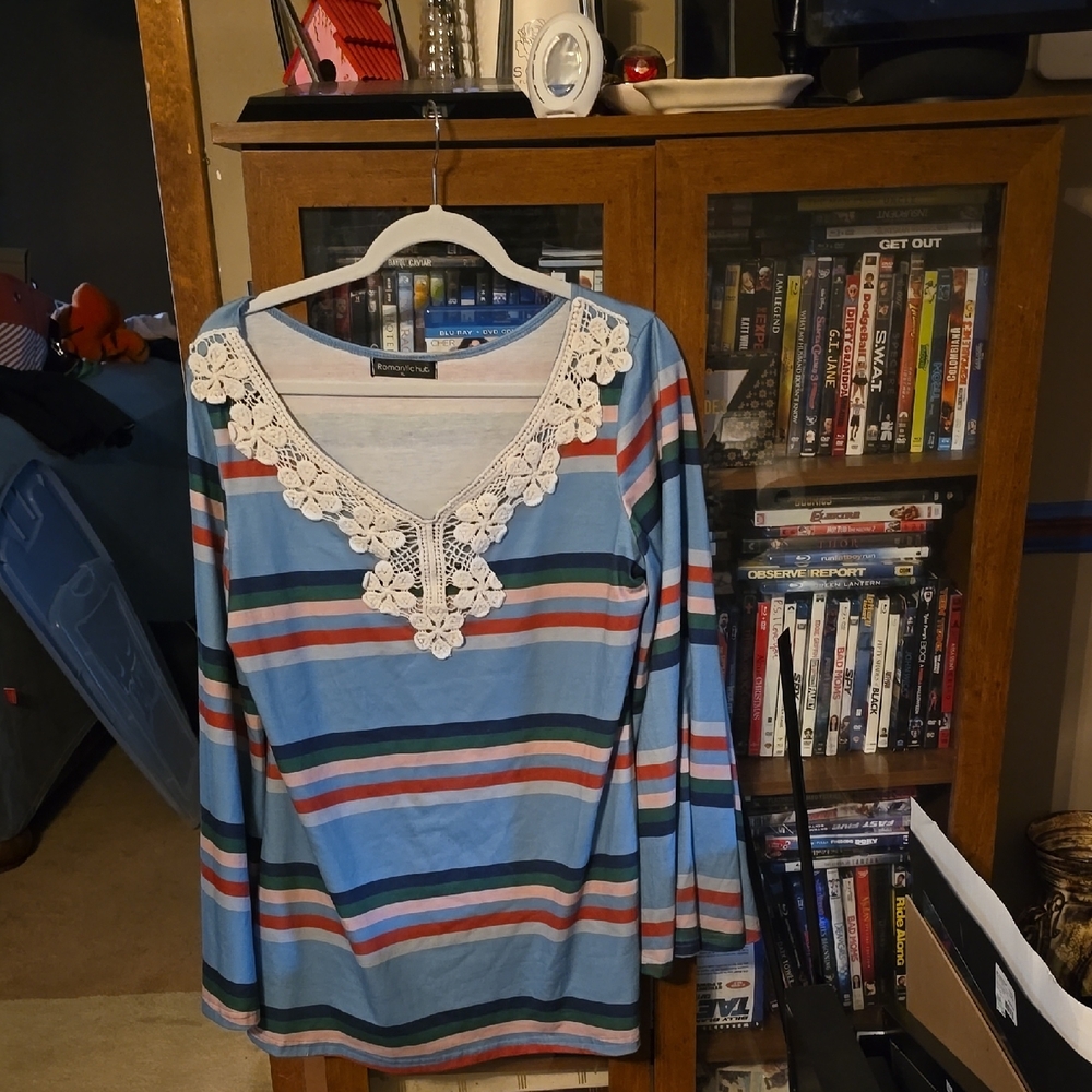 Blue and White Embellished Blouse with V-Neck